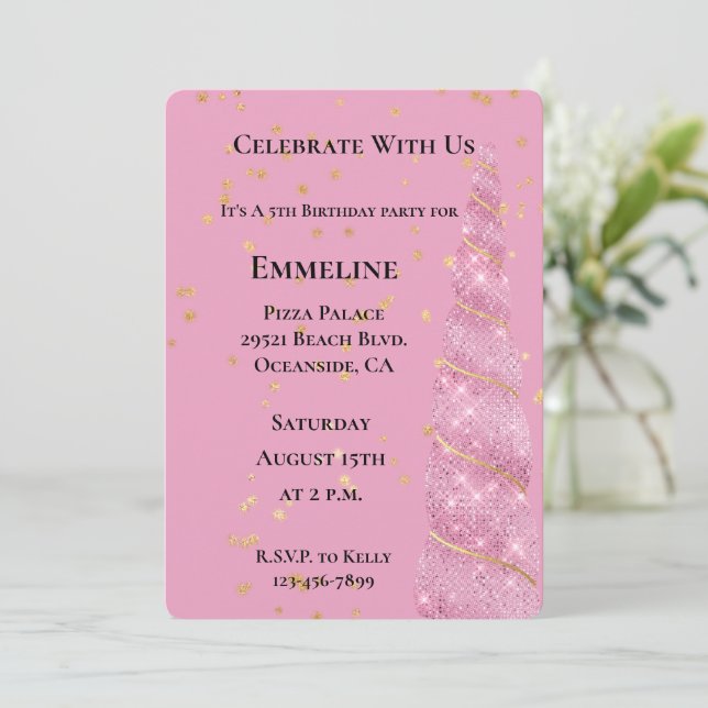 Invitation Stars Unicorn Or rose Anniversaire (Debout devant)