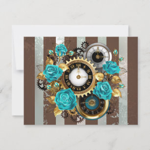 Invitation Steampunk Clock and Turquoise Roses on Striped