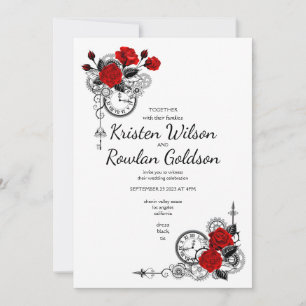 Invitation Steampunk et roses rouges fleurs sur fond noir