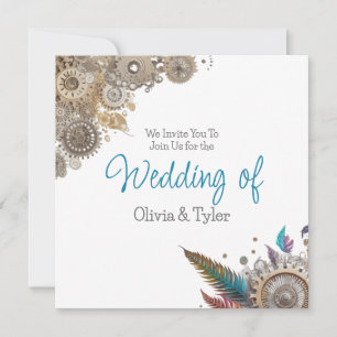 Invitation Steampunk, Fleurs et Plumes Mariage
