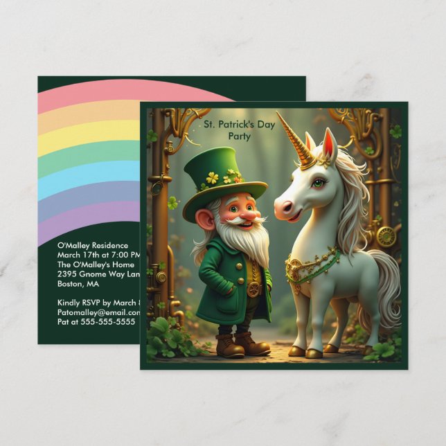 Invitation Steampunk Gnome-Leprechaun Unicorn Jour de la Sain (Devant / Derrière)
