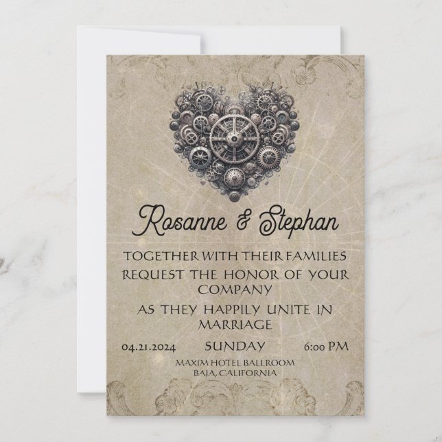 Invitation Steampunk Retro Heart of Gears Mariage (Devant)