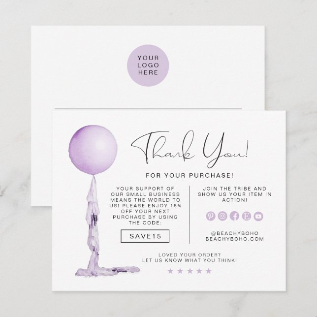 Invitation STELLA Purple Party Balloon Business Merci Inv (Devant / Derrière)