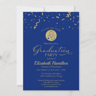Invitation Stethoscope Nursing School Grad Party Gold Blue