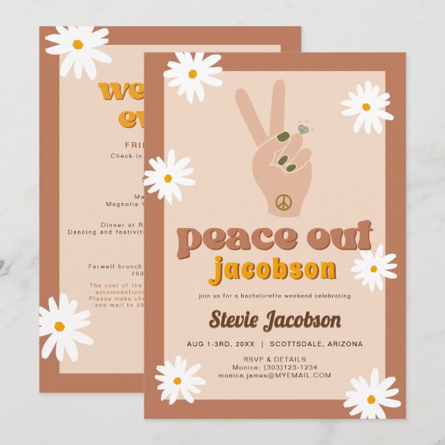 Invitation STEVIE Retro les années 70 Daisy Peace Out Bachelo (Devant / Derrière)