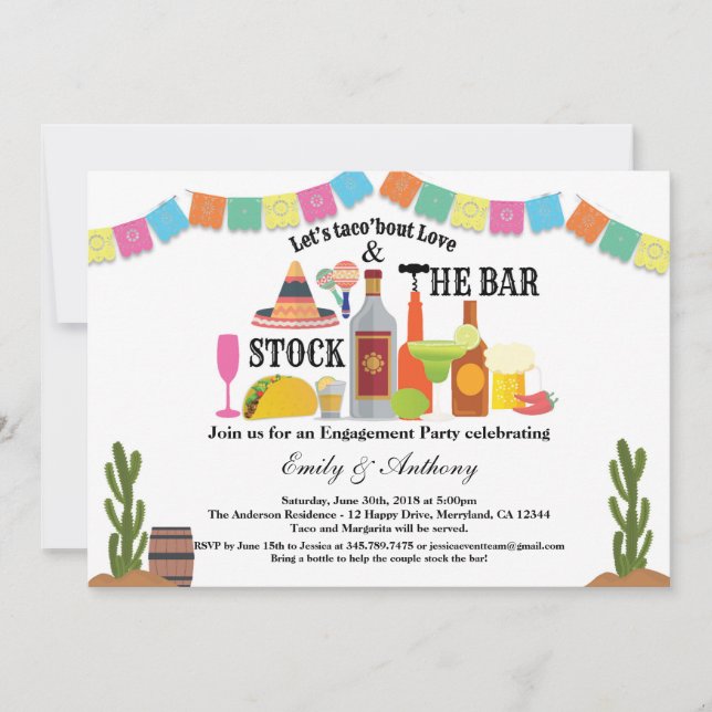 Invitation Stock de la fête de fiançailles du bar Taco Fiesta (Devant)