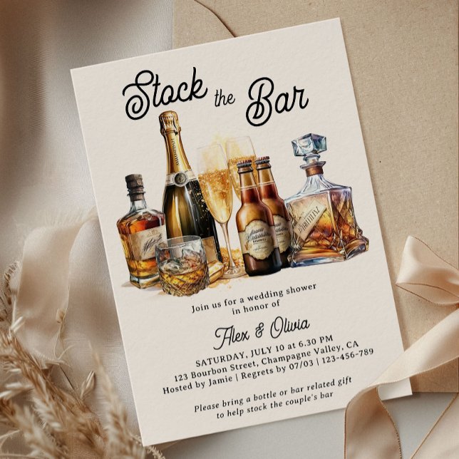 Invitation Stock du Bar Couples Wedding shower (Rustic Stock the Bar Wedding Shower Invitation with Beer Champagne and Whiskey)