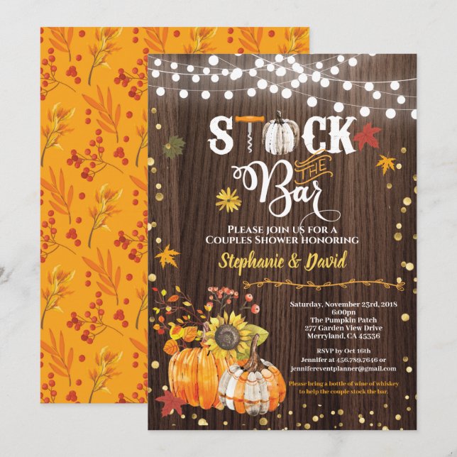 Invitation Stock l'invitation du bar. Bois rustique citrouill (Devant / Derrière)