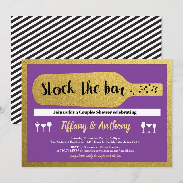 Invitation stock mauve et or glam à l'invitation du bar (Devant / Derrière)