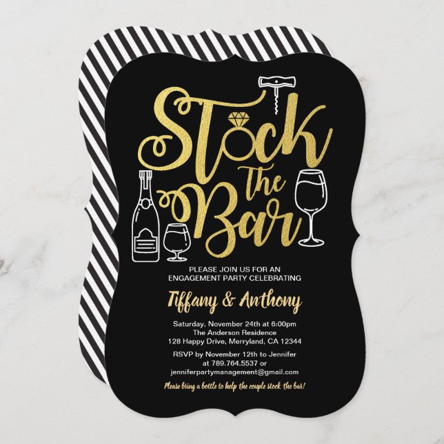 Invitation Stock noir et or du bar (Devant / Derrière)