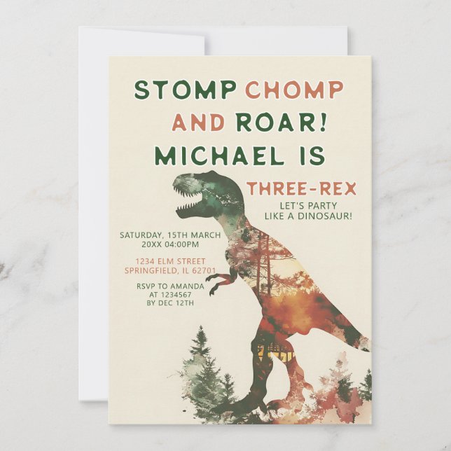 Invitation Stomp Chomp Roar T-Rex Dinosaur Garçon 3e annivers (Devant)