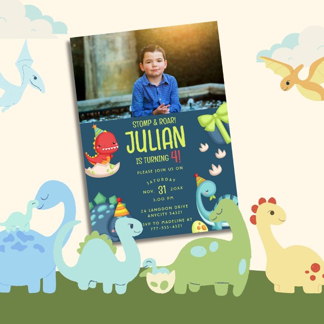 Invitation STOMP & ROAR Turner 4 Dinosaures Anniversaire (Créateur téléchargé)