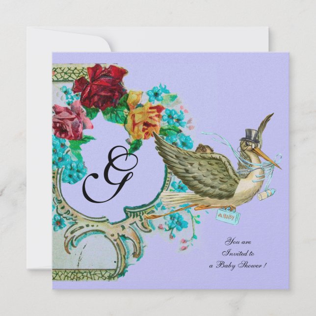 Invitation STORK BABY SHOWER 3 MONOGRAM champagne blanc (Devant)