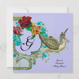 Invitation STORK BABY SHOWER 3 MONOGRAM champagne blanc