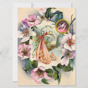 INVITATION STORK BABY SHOWER FILLE, ROSE ROSES SAUVAGE MONOGR