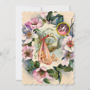 INVITATION STORK BABY SHOWER FILLE, ROSE ROSES SAUVAGE MONOGR