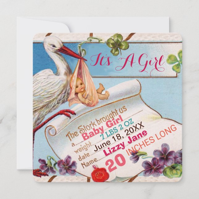Invitation STORK, BABY SHOWER SHAMROCK GiRL STATUT DE NAISSAN (Devant)