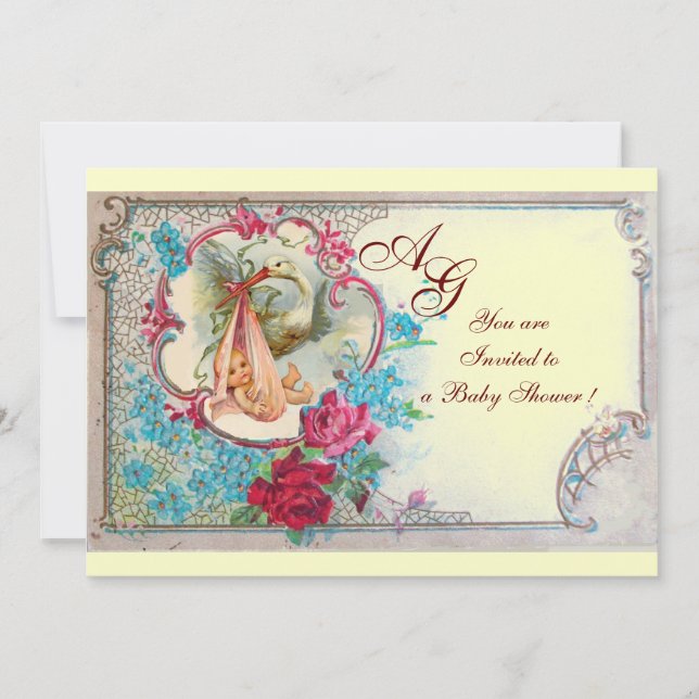 INVITATION STORK BÉBÉ FILLE DOUCHE ROSE BLEU FLORAL MONOGRAM (Devant)