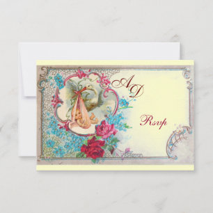 INVITATION STORK BÉBÉ FILLE DOUCHE ROSE BLEU FLORAL MONOGRAM
