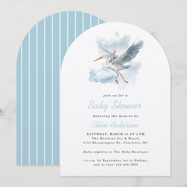 Invitation Stork Blue Baby Boy Aquarelle Baby shower Arc (Devant / Derrière)