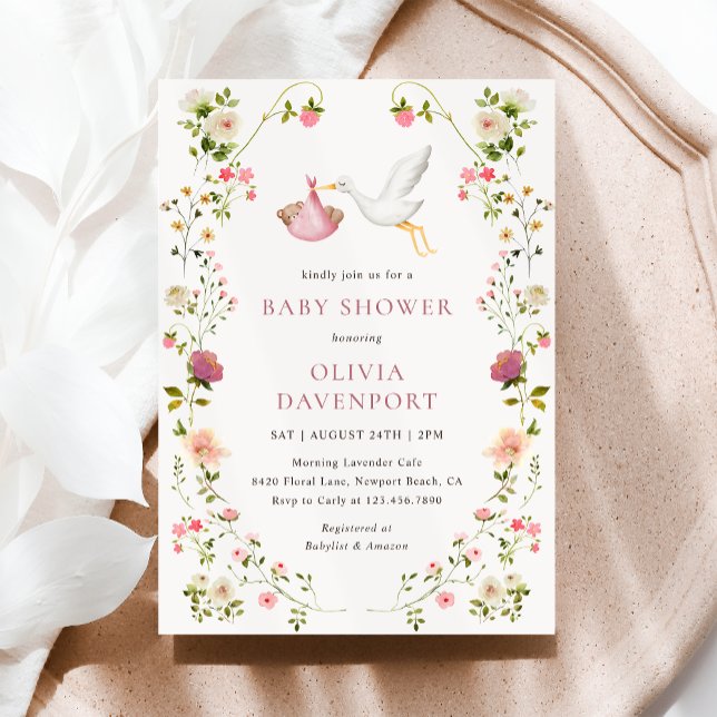 Invitation Stork Delivery Pink Floral Garden Girl Baby Shower (Créateur téléchargé)