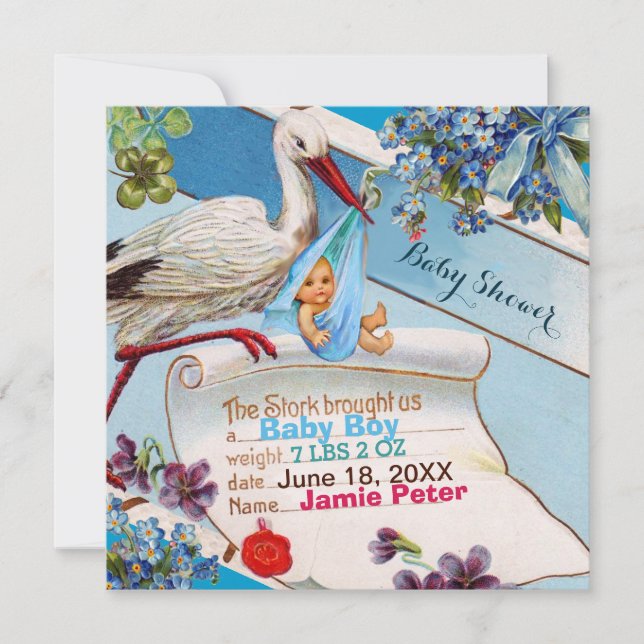 INVITATION STORK, FLEURS GARÇON BABY SHOWER STATS DE NAISSANC (Devant)