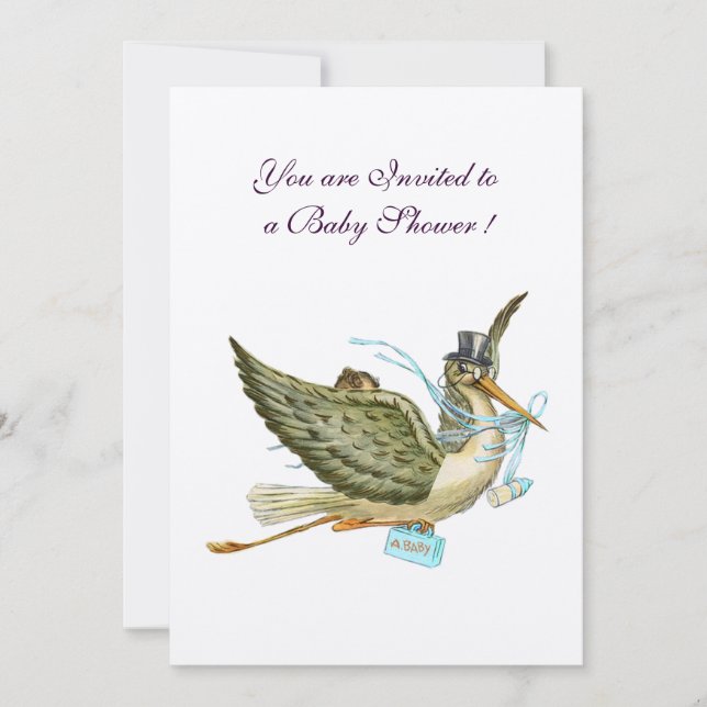 Invitation STORK GARÇON BABY SHOWER Bleu Blanc Champagne (Devant)