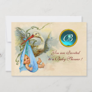 INVITATION STORK GARÇON BABY SHOWER BLEU GEMSTONE MONOGRAM