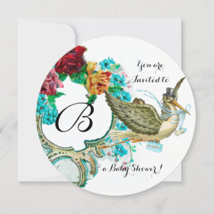 INVITATION STORK GARÇON BABY SHOWER MONOGRAMME FLORAL AVEC RO