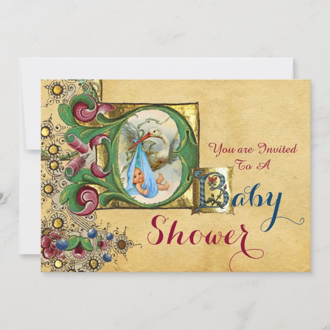 INVITATION STORK GARÇON BABY SHOWER PARCHEMENT FLORAL MONOGRA (Devant)
