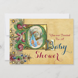 INVITATION STORK GARÇON BABY SHOWER PARCHEMENT FLORAL MONOGRA