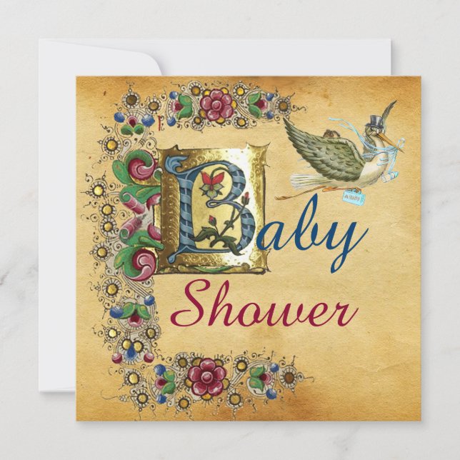 INVITATION STORK GARÇON BABY SHOWER PARCHEMENT FLORAL MONOGRA (Devant)