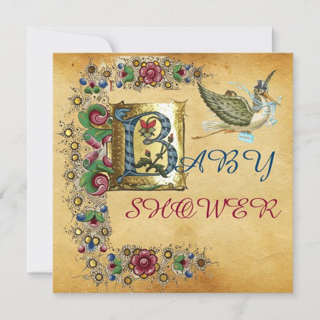 INVITATION STORK GARÇON BABY SHOWER PARCHEMENT FLORAL MONOGRA (Devant)