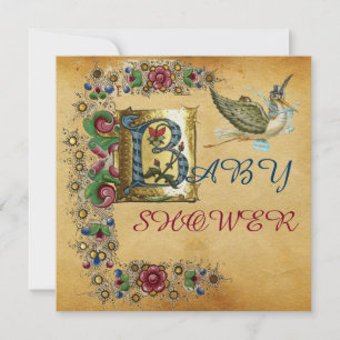 INVITATION STORK GARÇON BABY SHOWER PARCHEMENT FLORAL MONOGRA