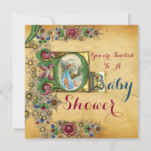 INVITATION STORK GARÇON BABY SHOWER PARCHEMENT FLORAL MONOGRA
