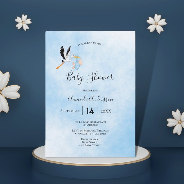 Invitation Stork garçon bleu baby shower mignon (Créateur téléchargé)