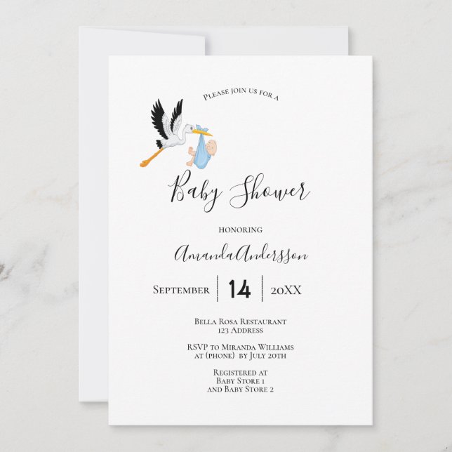 Invitation Stork garçon bleu blanc mignon baby shower (Devant)