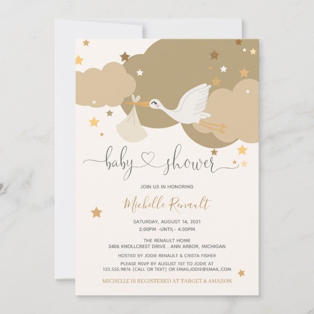 Invitation Stork Gold Baby shower neutre genre (Devant)
