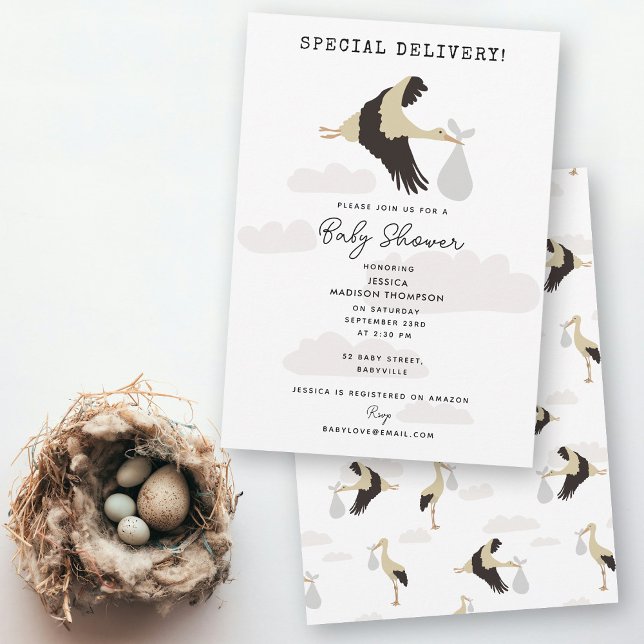 Invitation Stork Nouveau-né bébé garçon fille Baby shower (Stork Newborn Baby Boy Girl Baby Shower Invitation)