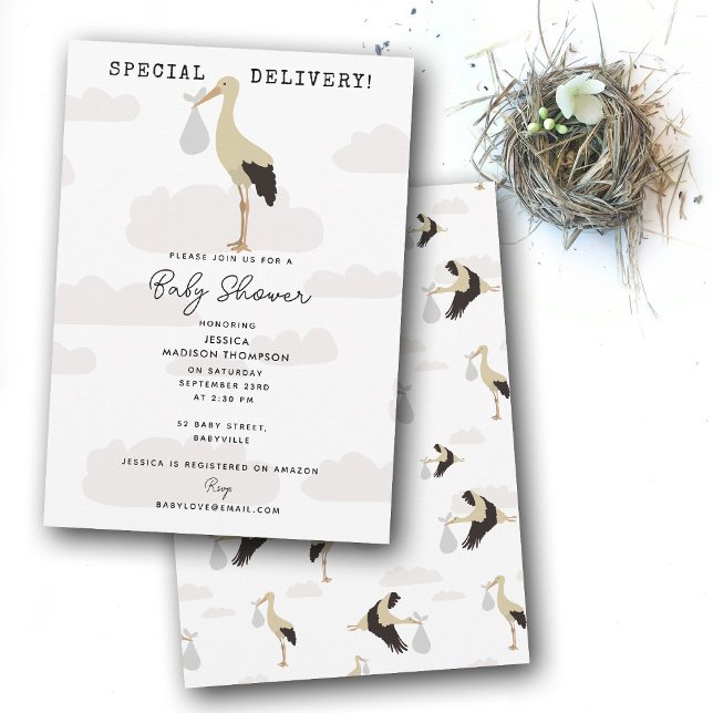 Invitation Stork Nouveau-né bébé garçon fille Baby shower (Stork Newborn Baby Boy Girl Baby Shower Invitation)