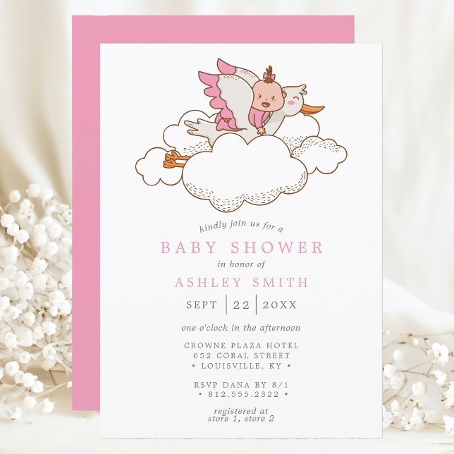 Invitation Stork nuages rose Oiseau Baby shower moderne fille (Créateur téléchargé)