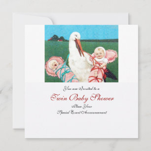 INVITATION STORK TWIN BABY GIRL DOUCHE