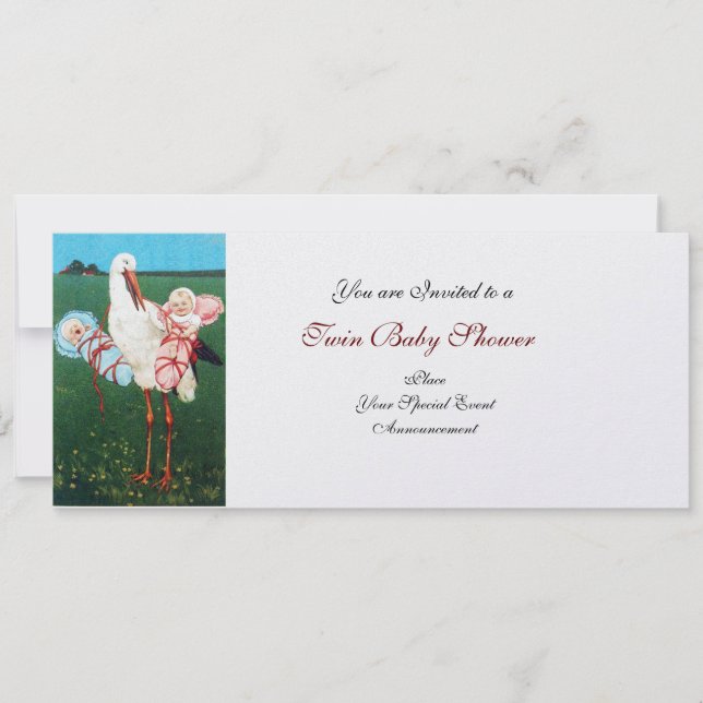 Invitation STORK TWIN BABY SHOWER blanc perle métal papier (Devant)