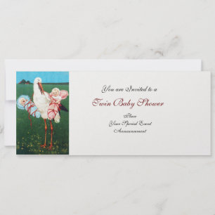 Invitation STORK TWIN BABY SHOWER blanc perle métal papier