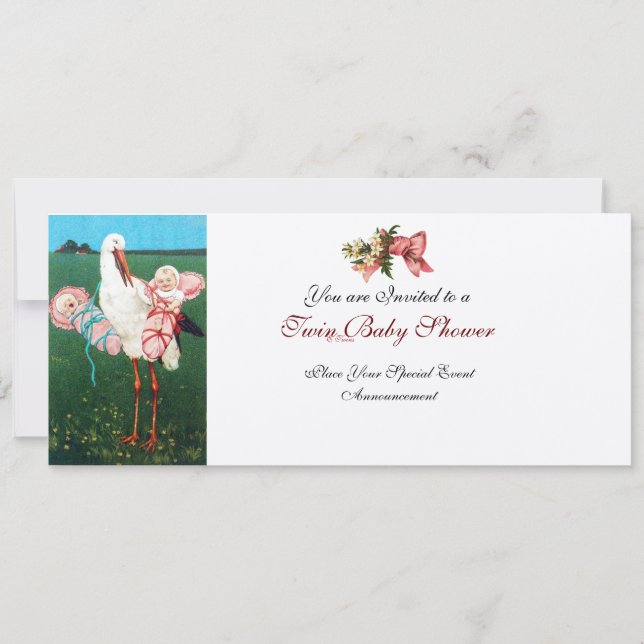 Invitation STORK TWIN BÉBÉ DOUCHE FILLE Champagne Métallique (Devant)