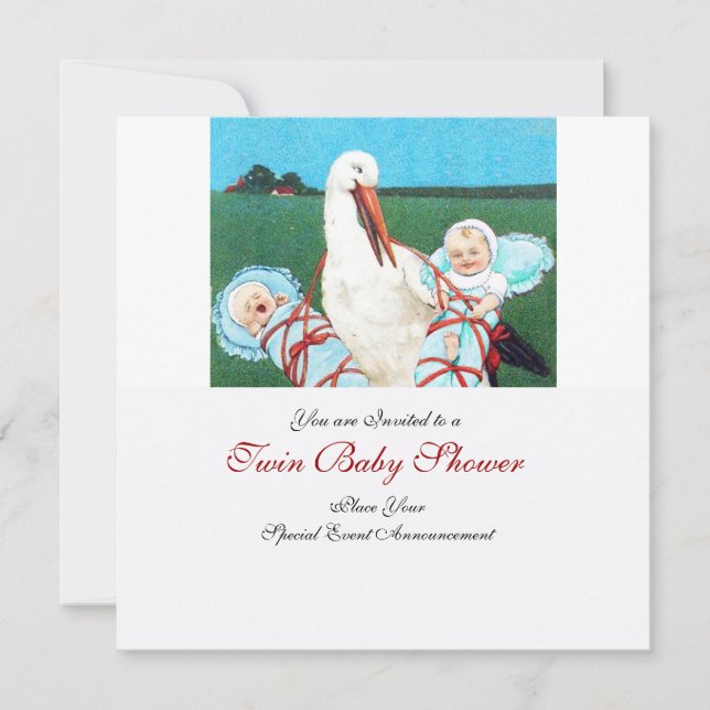 Invitation STORK TWIN BÉBÉ DOUCHE GARÇON, bleu turquoise (Devant)