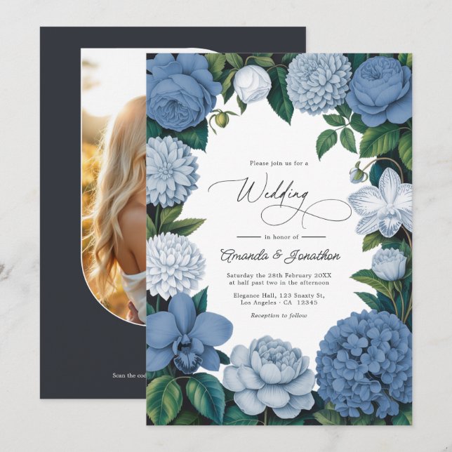 Invitation Stormy Blue, Steel Mist & Winter Pearl Wedding (Devant / Derrière)