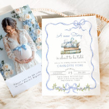 Storybook Blue Bow QR Baby shower rsvp