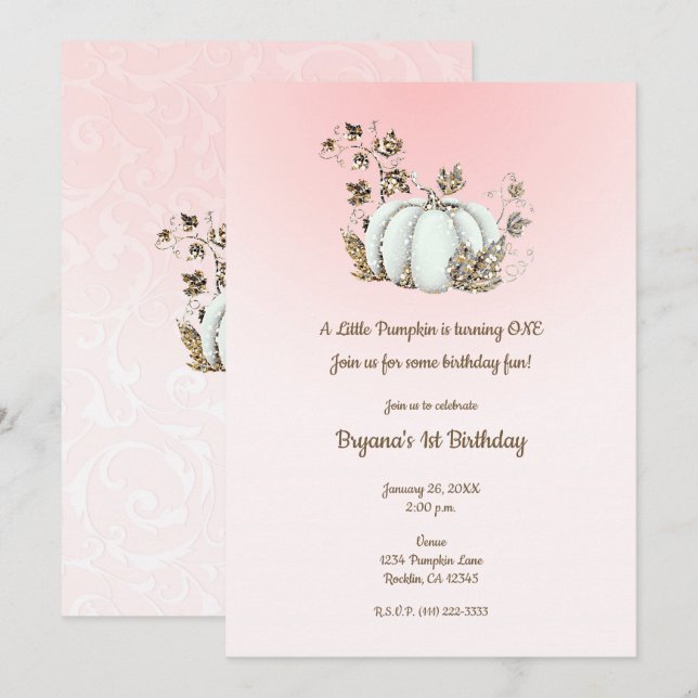 Invitation Storybook rose blanc Citrouille Fairytale 1ère (Devant / Derrière)