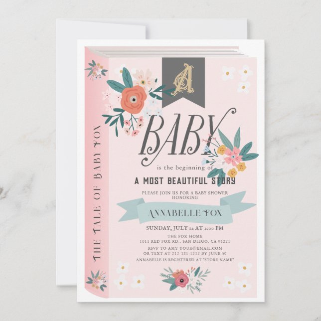 Invitation Storybook rose Floral Baby shower fille (Devant)